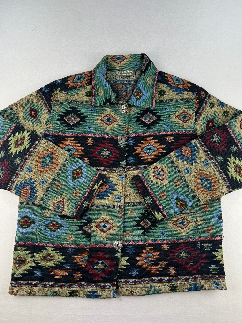 VTG Jane Ashley Southwestern Aztec Geometric Print Woven Texture Jacket Women XL
